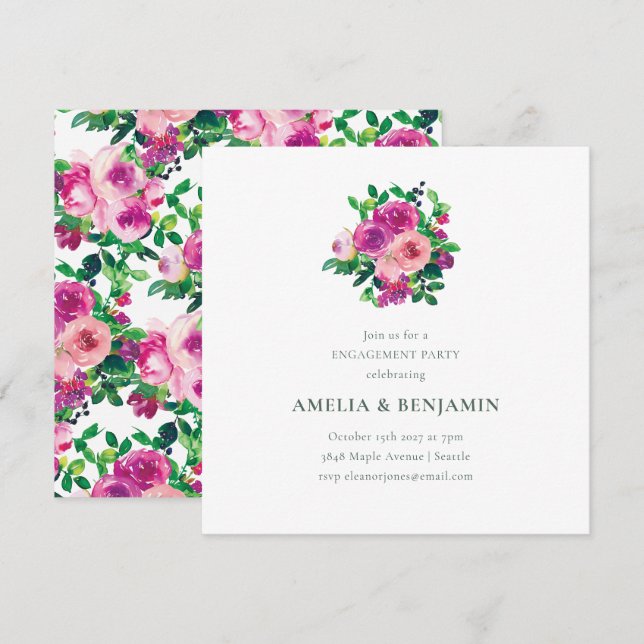Blush Berry Floral Engagement Party Magenta Einladung (Vorne/Hinten)