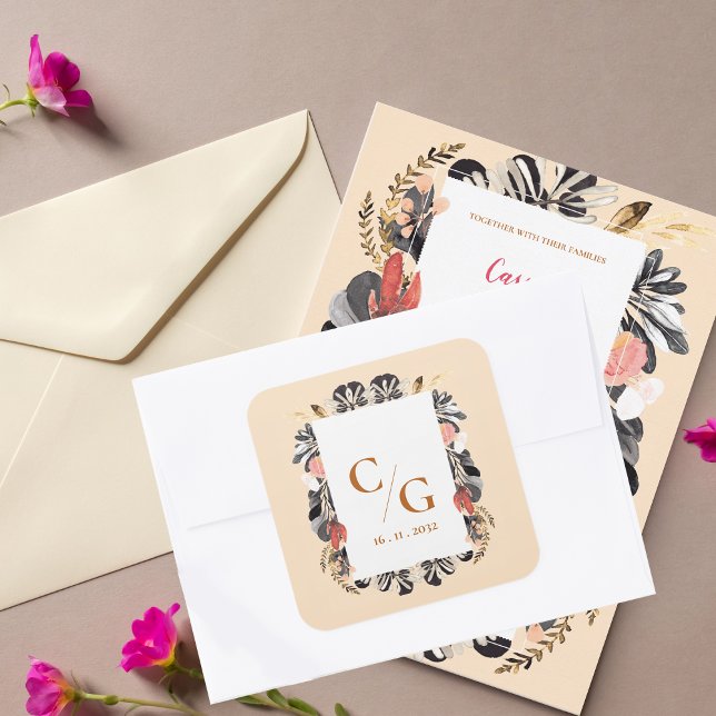 Blush & Black Floral Monogram Wedding Envelope Quadratischer Aufkleber (Blush & Black Floral Monogram Wedding Envelope Square Sticker)