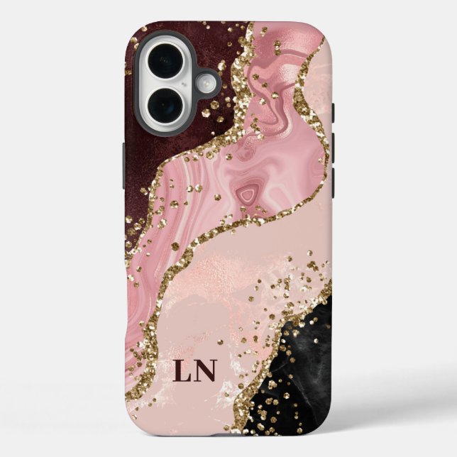 Blush Black Glitzer Agate Monogram iPhone 16 Plus Hülle (Rückseite)