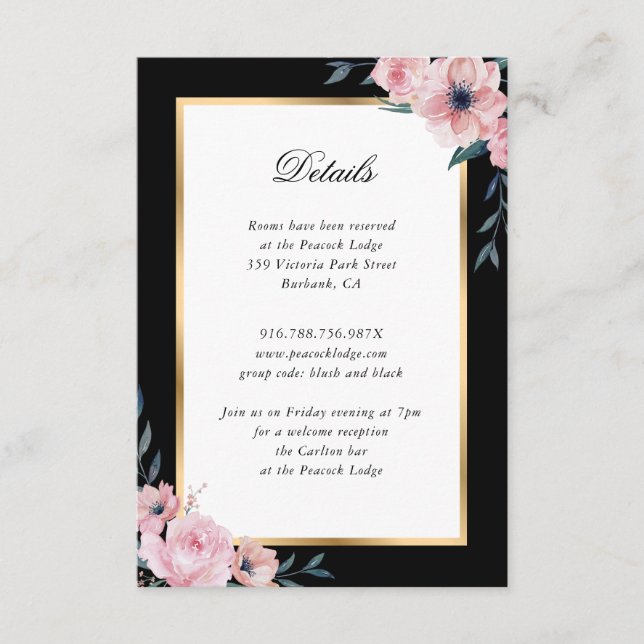 Blush Black Gold Floral Wedding Begleitkarte (Vorderseite)