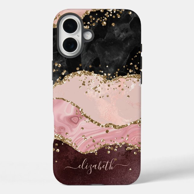 Blush Black Gold Glitzer Agate Name Script iPhone 16 Plus Hülle (Rückseite)