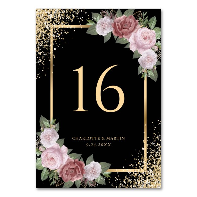 Blush Black Gold Glitzer Bloral Wedding Tischnummer (Rückseite)