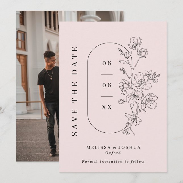 Blush & Black Line Gezeichnet blumengeschmückte Fo Save The Date (Vorne/Hinten)