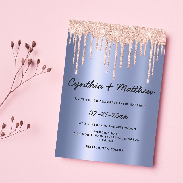 Blush blauer Farbverlauf Rose Gold Glitzer Tropfen Einladung (Blush blue gradient rose gold glitter drip wedding)