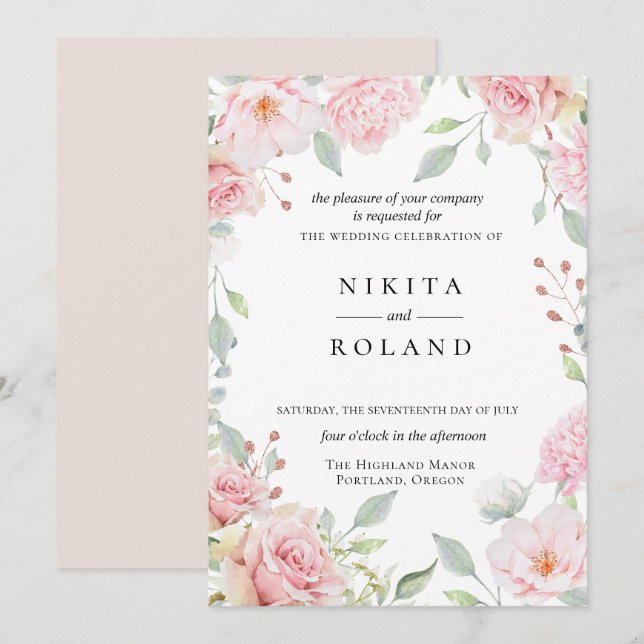 Blush Bloms Hochzeitseinladung Einladung (Vorne/Hinten)