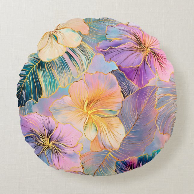 Blush Bloom Exotic Blätter Blume Rundes Kissen (Vorderseite)