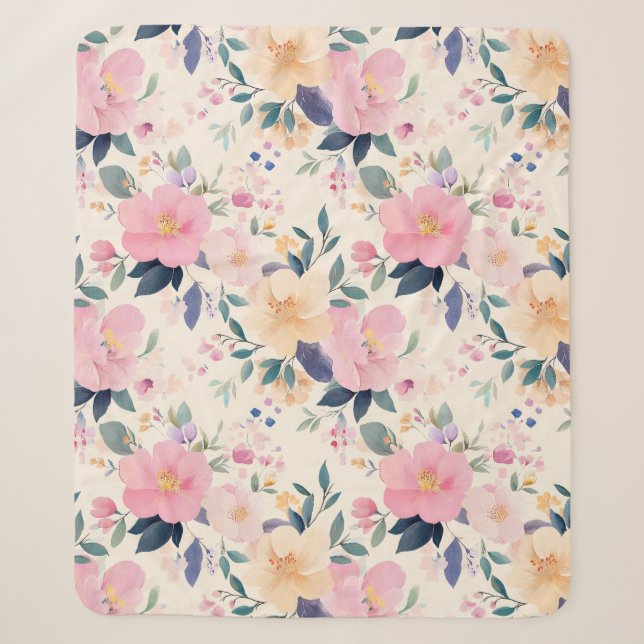 Blush & Bloom Gemütliches Pastellblumen Elegante Sherpadecke (Vorderseite)