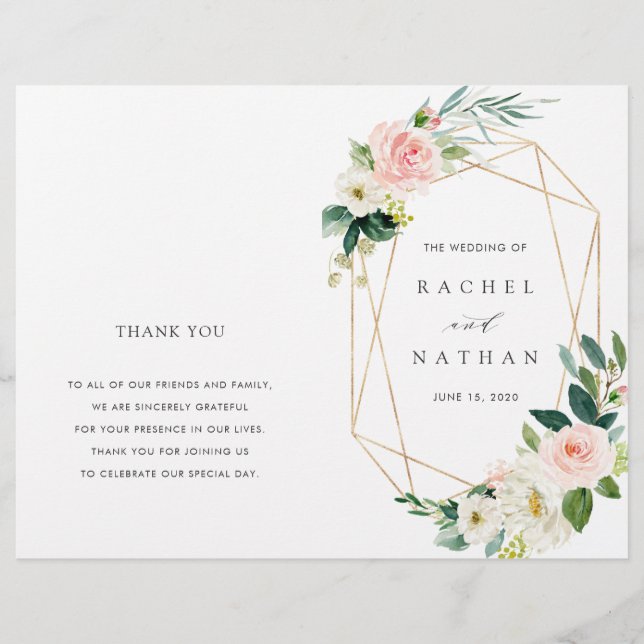 Blush Bloom Gold Frame Folded Wedding Programm (Vorderseite)
