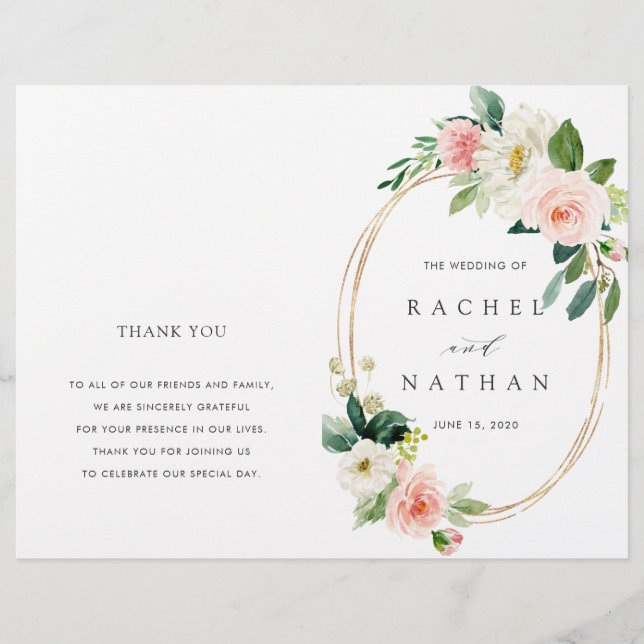 Blush Bloom Gold Oval Rahmen Faltprogramm Hochzeit (Vorderseite)