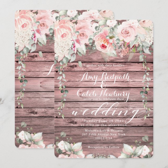 Blush & Blooms Wedding Rose Wood Rustic Barboard Einladung (Vorne/Hinten)