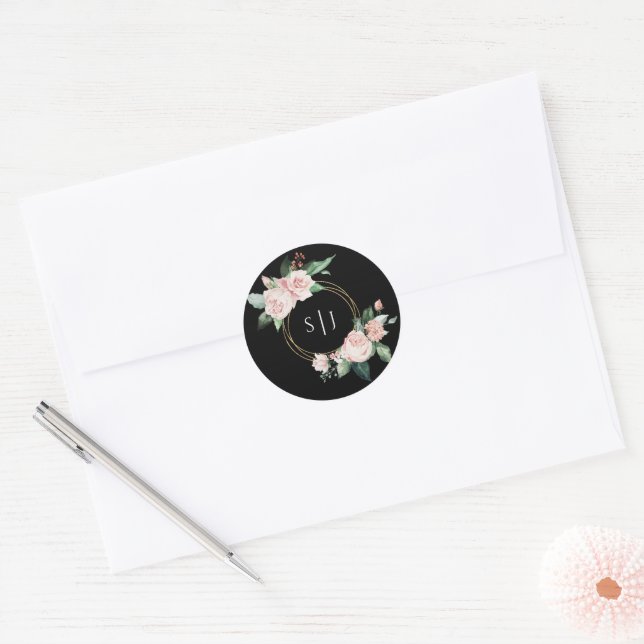 Blush Bloral Black Monogram Wedcker Runder Aufkleber (Umschlag)