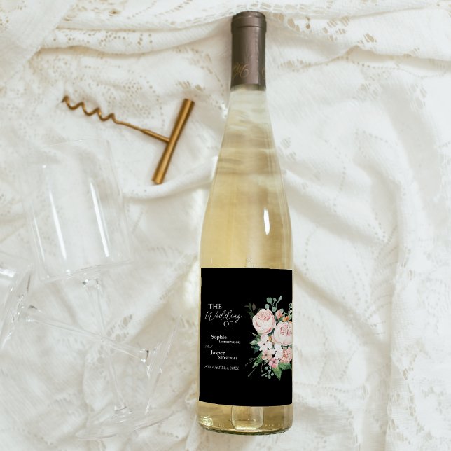 Blush Bloral Black Wedding Wine Label Weinetikett (Von Creator hochgeladen)