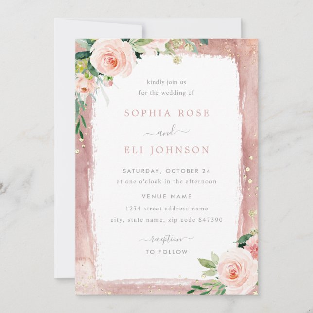 Blush Bloral & Border Elegant verzauberte Hochzeit Einladung (Vorderseite)