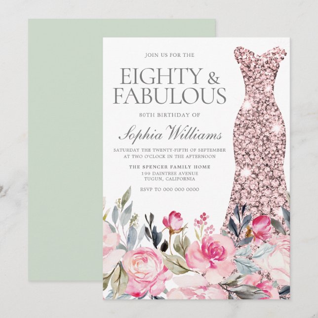 Blush Bloral Dress Aighty & Fabulous 80. Geburtsta Einladung (Vorne/Hinten)