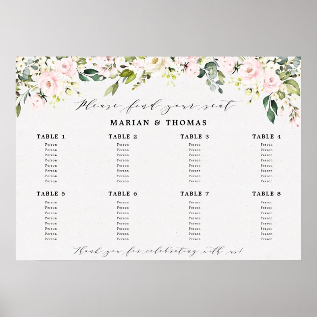 Blush Bloral Eukalyptus Seating Chart Hochzeitszei Poster (Vorne)