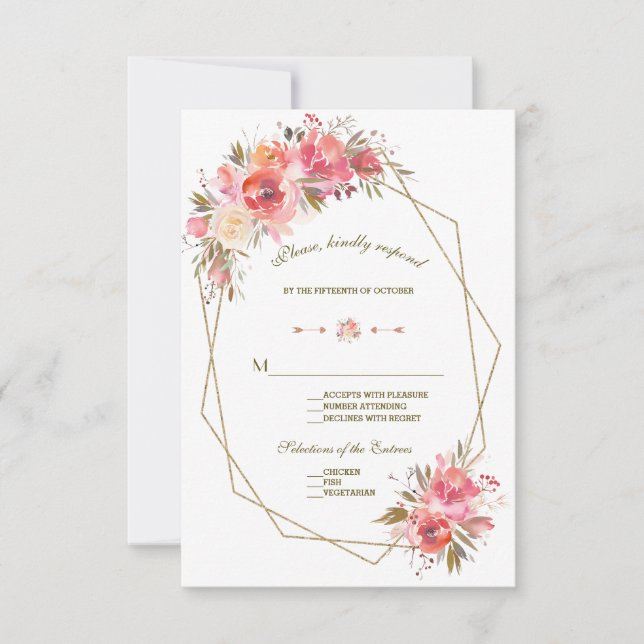 Blush Bloral Gold Glitzer Frame Wedding RSVP Karte (Vorderseite)