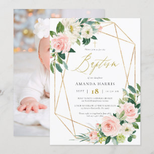 Blush Bloral & Gold Rahmen Foto Taufe Einladung