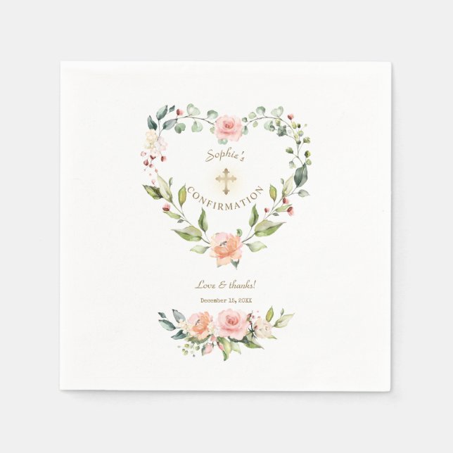 Blush Bloral Heart Gold Cross Girl Bestätigung Serviette (Vorderseite)