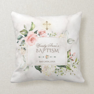 Blush Bloral Marmor Gold Cross Taufen Monogramm Kissen