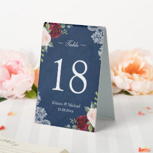 Blush Bloral Navy Blue Wedding Tischnummer Tischaufsteller