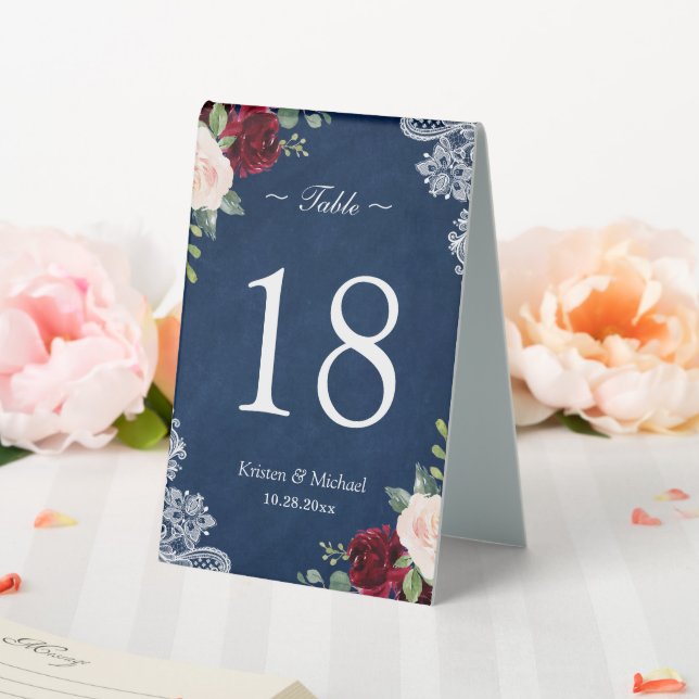 Blush Bloral Navy Blue Wedding Tischnummer Tischaufsteller (In Situ (Hochzeit))