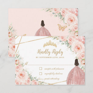 Blush Bloral Prinzessin Quinceañera Gold Crossover RSVP Karte