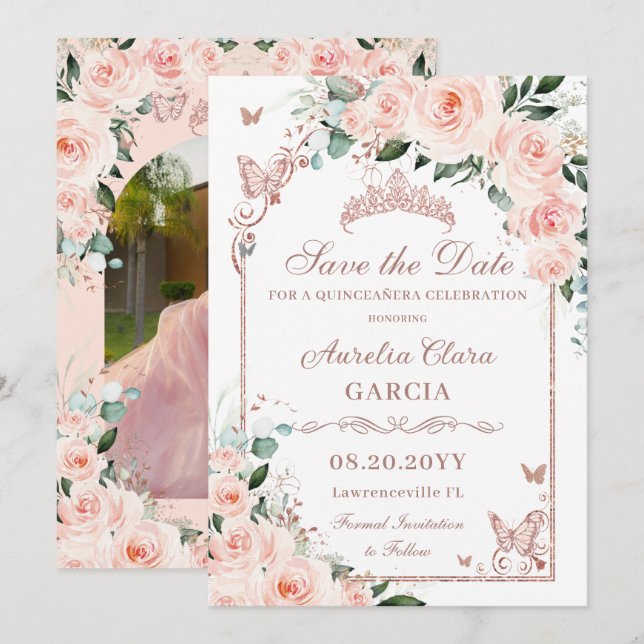 Blush Bloral Sweet 16 Rose Gold Quinceañera Foto Save The Date (Vorne/Hinten)
