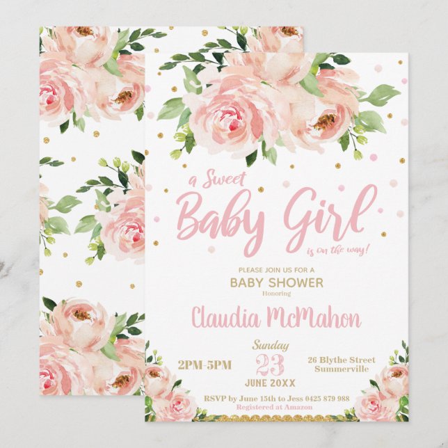 Blush Bloral Sweet Baby Girl Dusche Pink & Gold Einladung (Vorne/Hinten)