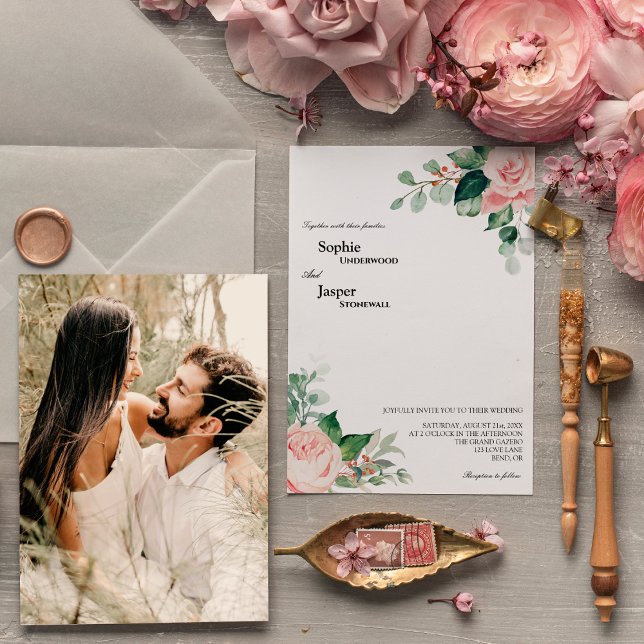 Blush Bloral White Foto Hochzeitseinladung Einladung (Von Creator hochgeladen)