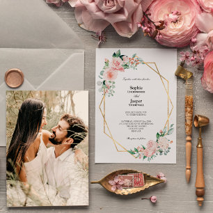 Blush Bloral White Simple Foto Wedding Einladung