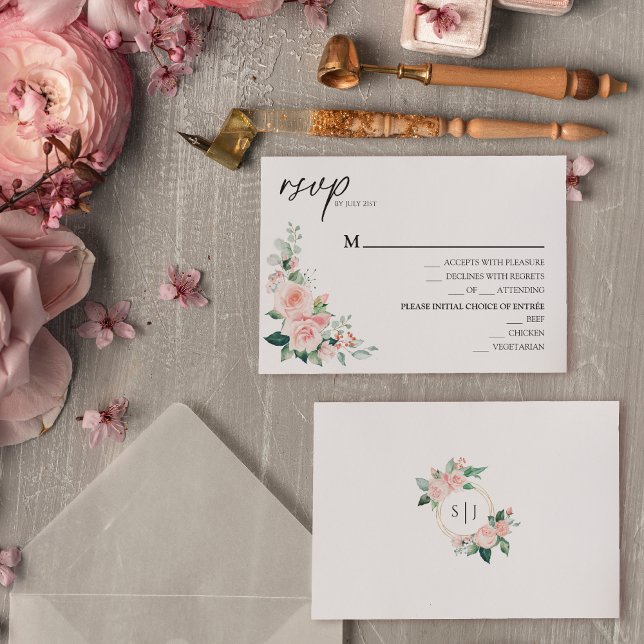 Blush Bloral White Wedding Menu RSVP Karte (Von Creator hochgeladen)