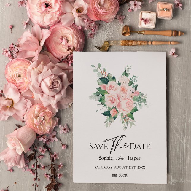 Blush Bloral White Wedding Save the Date Card (Von Creator hochgeladen)