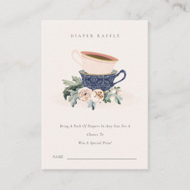 Blush Blue Cups Bläserne Windeln Raffle Baby Dusch Begleitkarte (Vorderseite)