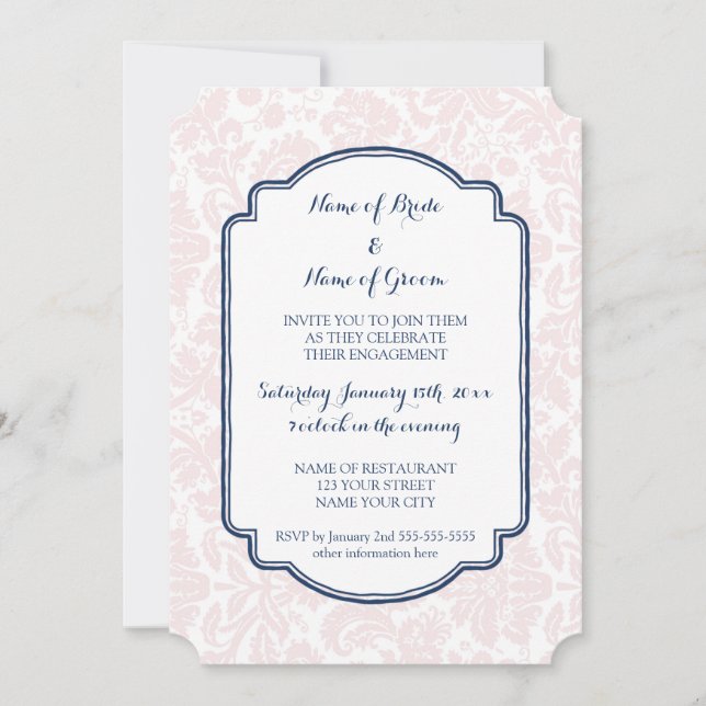 Blush Blue Damask Engagement Party Einladungen (Vorderseite)