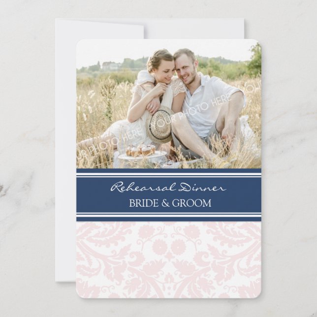 Blush Blue Damask Foto Probe Abendessen Party Einladung (Vorderseite)
