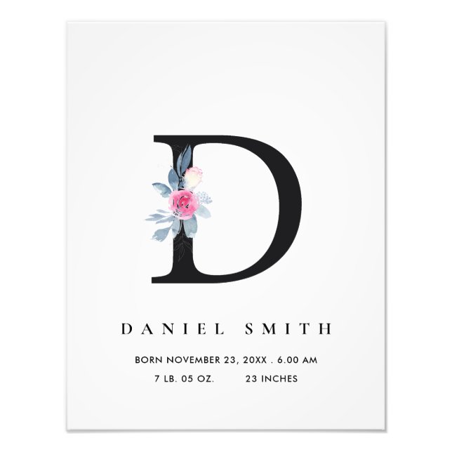BLUSH BLUE FLORAL ALPHABET NAME D BABY GEBURTSTATT FOTODRUCK (Vorne)