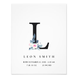 BLUSH BLUE FLORAL ALPHABET NAME L BABY GEBURTSTATT FOTODRUCK