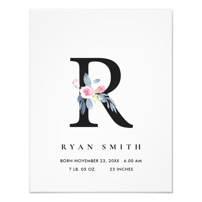 BLUSH BLUE FLORAL ALPHABET NAME R BABY GEBURTSTATT FOTODRUCK (Vorne)