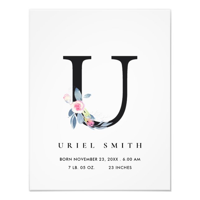 BLUSH BLUE FLORAL ALPHABET NAME U BABY GEBURTSTATT FOTODRUCK (Vorne)