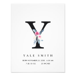 BLUSH BLUE FLORAL ALPHABET NAME Y BABY GEBURTSTATT FOTODRUCK