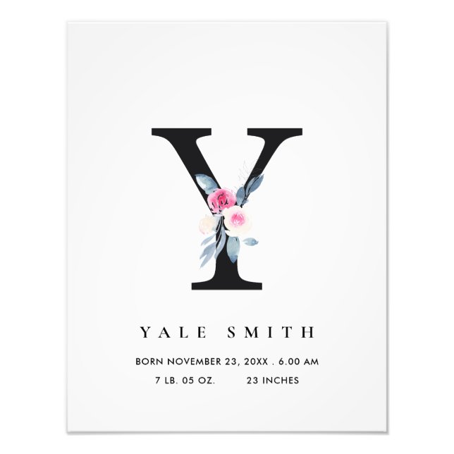 BLUSH BLUE FLORAL ALPHABET NAME Y BABY GEBURTSTATT FOTODRUCK (Vorne)