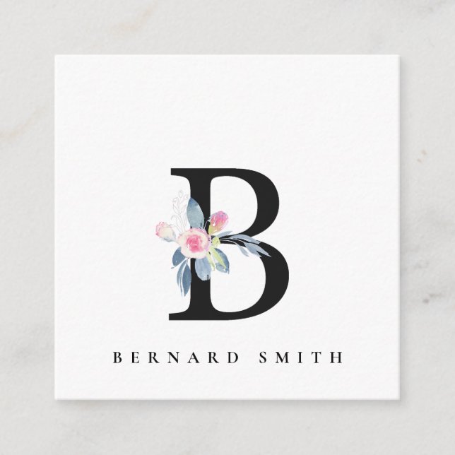 BLUSH BLUE FLORAL ALPHABETS NAME LETTER B QUADRATISCHE VISITENKARTE (Vorderseite)