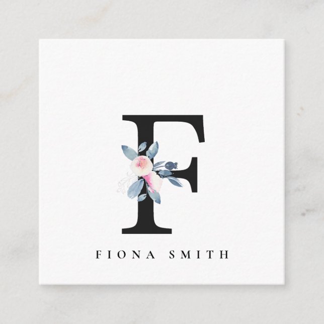 BLUSH BLUE FLORAL ALPHABETS NAME LETTER F QUADRATISCHE VISITENKARTE (Vorderseite)