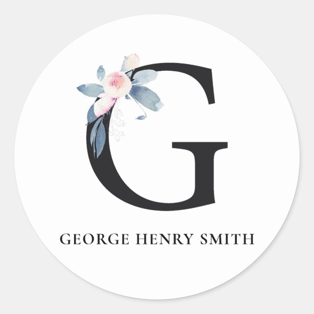 BLUSH BLUE FLORAL ALPHABETS NAME LETTER G RUNDER AUFKLEBER (Vorderseite)