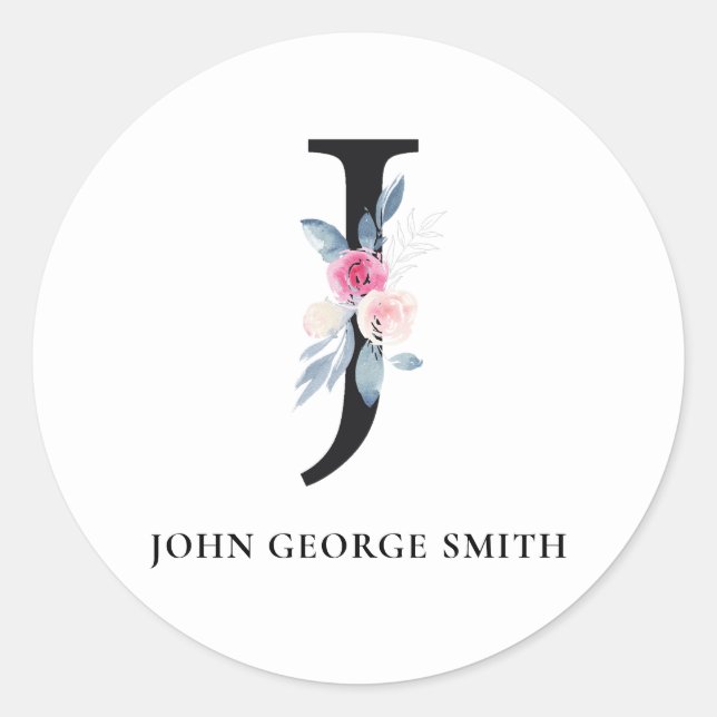 BLUSH BLUE FLORAL ALPHABETS NAME LETTER J RUNDER AUFKLEBER (Vorderseite)