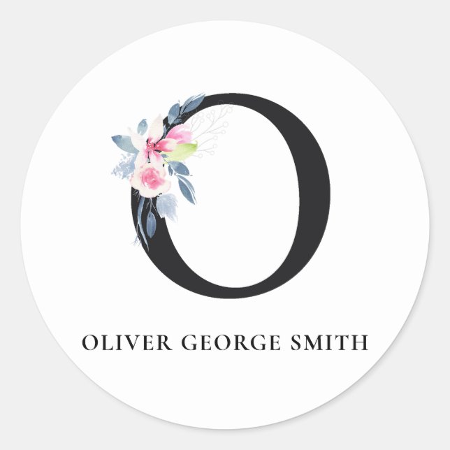 BLUSH BLUE FLORAL ALPHABETS NAME LETTER O RUNDER AUFKLEBER (Vorderseite)