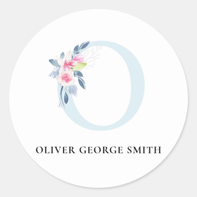 BLUSH BLUE FLORAL ALPHABETS NAME LETTER O RUNDER AUFKLEBER (Vorderseite)