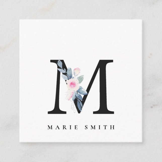 BLUSH BLUE FLORAL ALPHABETS NAME LETTER QUADRATISCHE VISITENKARTE (Vorderseite)