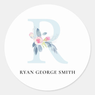 BLUSH BLUE FLORAL ALPHABETS NAME LETTER R RUNDER AUFKLEBER