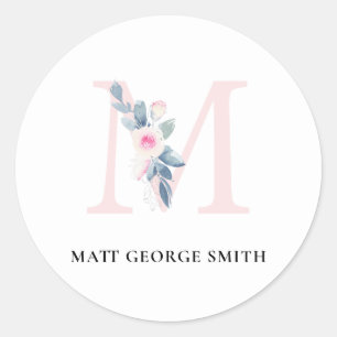 BLUSH BLUE FLORAL ALPHABETS NAME LETTER RUNDER AUFKLEBER